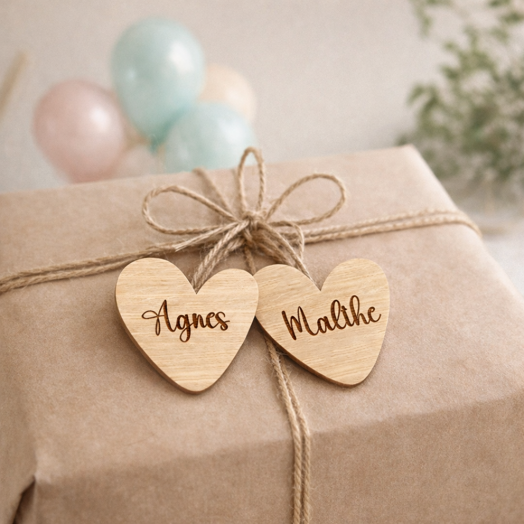 Personlige bordkort i træ – Hjerte med navn - Lille Hasseris