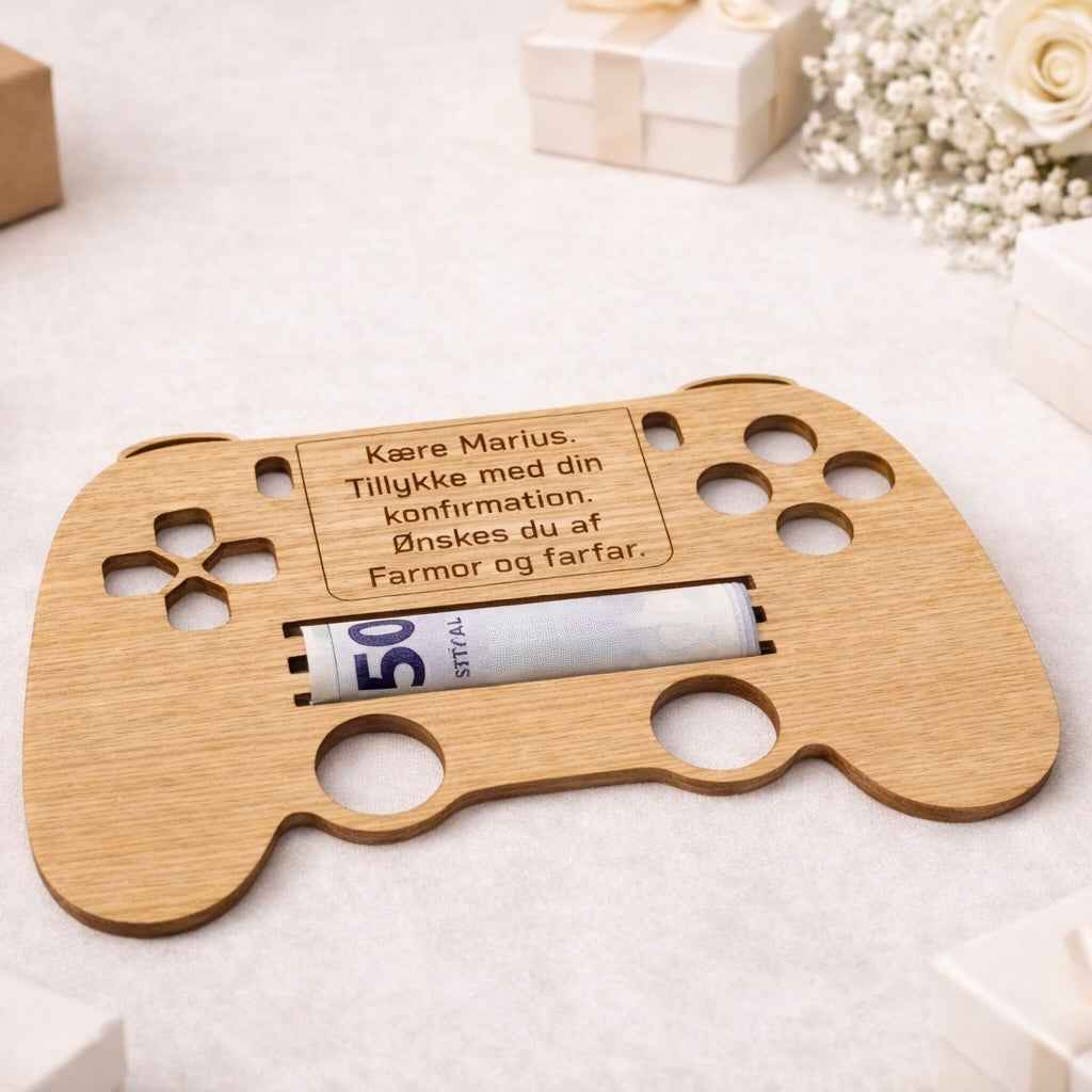 Pengegave i træ – Gamer controller med personlig gravering
