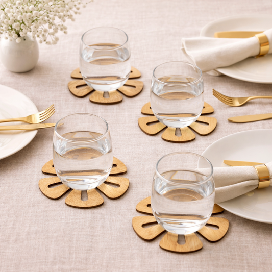 Blomstformede glasbrikker i træ – 4 stk.